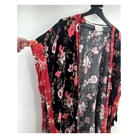 Knox Rose Boho Black and Red Floral Tassel Kimono Size Medium Large - Picture 7 of 9